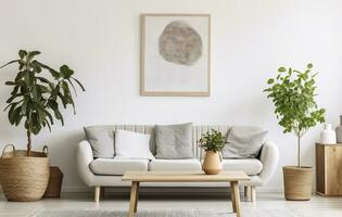 Boho open space interior in a cozy apartment with a design. Generative AI photo