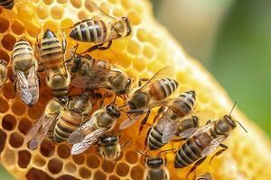 honey bees on honeycomb in apiary in summertime, Honey bees communicate with each other, AI Generative photo