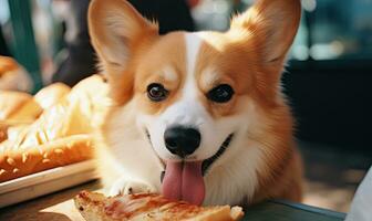 Corgi dog eagerly eyes a hot dog. Created with AI photo