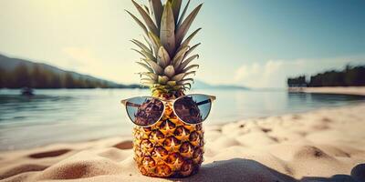 Background of pineapple with sunglass. Created with AI tools photo