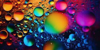 Close-up multicolored drops of water on surface. Created with AI tools photo