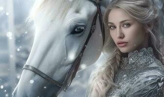 Woman in white embracing a majestic horse. Created with AI photo