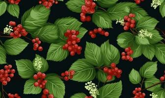 Seamless pattern with red berry and leaf. Autumn season wallpaper. For banner, postcard, book illustration. Created with generative AI tools photo