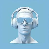 mínimo escena de Gafas de sol y auriculares en humano cabeza escultura, música concepto, 3d representación. ai generativo foto