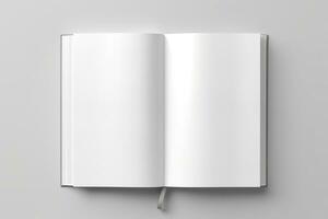Blank opened book mockup, top view, isolated on white background. Generative AI photo