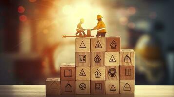 Work safety concept Safety at the workplace and compliance on wooden cube blocks Working standard process Zero accidents Using for safety awareness banner. AI Generative photo