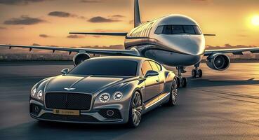 súper coche y privado chorro en aterrizaje banda. negocio clase Servicio a el aeropuerto. negocio clase transferir. aeropuerto lanzadera, ai generativo foto