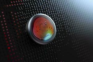 Fingerprint Authentication Button. Biometric Security. Identification and cyber security concept. Glowing neon fingerprint on dark background. AI Generative photo