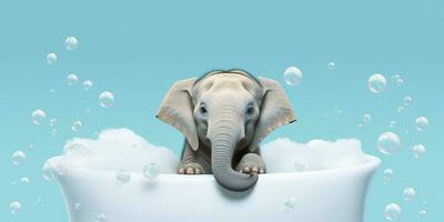 Minimalist Albino Elephant in a Bathtub of Soap Bubbles Against a Cyan Background. AI Generative photo