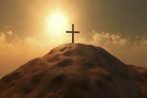 The cross of God in the rays of the sun. Cross on the hill. Religious concept. AI Generative photo