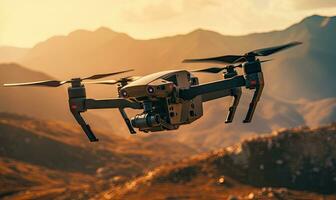 Military fpv drone hovering over a vast desert landscape with distant mountains. Created with generative AI tools photo