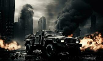 Intense battlefield scene. Burning armored military vehicle in city. Created AI tools photo