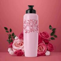 Amazonas producto imagen cuerpo lavar, cilindro botella sólido color rosado fondo, con rosas, ai generativo foto