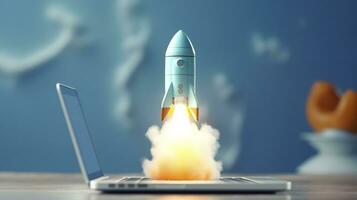 A small rocket takes off from a Laptop with vibrant color combinations in light sky blue and light gray colors for a website, business, and financial success concepts.  AI Generative photo