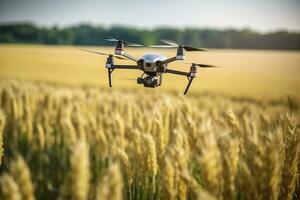 Drone monitoring crops and smart agriculture in a digital farming.  AI Generative photo