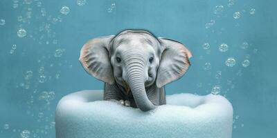 Minimalist Albino Elephant in a Bathtub of Soap Bubbles Against a Cyan Background. AI Generative photo