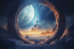 Portal to another world. Futuristic cosmic landscape with circle tunnel in starry sky. Gate in space futuristic background with galaxy and nebula. Created with Generative AI photo