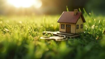 Copy space of home. Small model home on green grass with sunlight. AI Generative photo