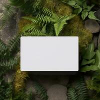 Blank business card on green leaves background. Generative AI photo