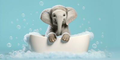 Minimalist Albino Elephant in a Bathtub of Soap Bubbles Against a Cyan Background. AI Generative photo