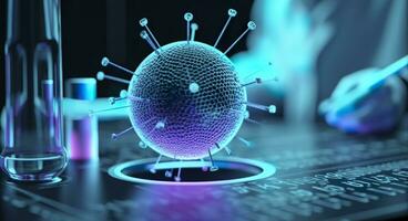 Scientists studying the serious coronavirus, virus. Pharmaceutical scientific research background. AI Generative photo