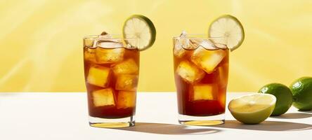 Glasses of tasty Long Island iced tea on light background. AI Generative photo