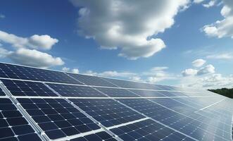 solar paneles debajo el antecedentes de azul cielo y blanco nubes ai generativo foto