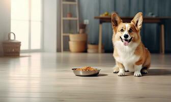 corgi perro ansiosamente espera comida junto a un comida bol. creado con ai herramientas foto