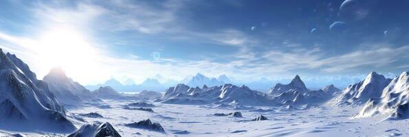 vast desolated snow land, big mountains in the background, snowfall with light blue sky and light blue colors, peaceful atmosphere,  AI Generative photo