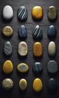 Some colorful stones are displayed, dark navy and yellow, AI Generative photo