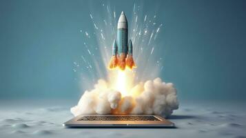A small rocket takes off from a Laptop with vibrant color combinations in light sky blue and light gray colors for a website, business, and financial success concepts.  AI Generative photo