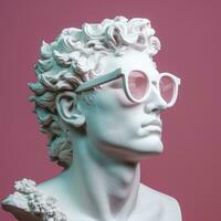 The head of a white mythological statue with fashionable pink glasses on his eyes, frame in profile. AI Generative photo