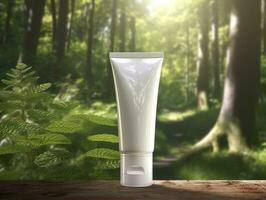 White cosmetic tube, cosmetic product mockup, nature forest background, Sunshine Ray. AI Generative photo