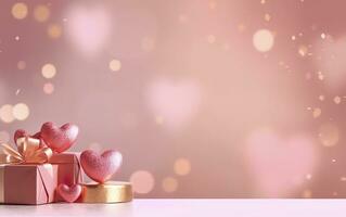 Happy Valentines Day banner. Pink and gold hearts foil balloons with gifts on pink bokeh. Valentine's Day background. Romantic banner Background, empty space for text,  AI Generative photo