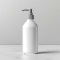 Cosmetic rounded all white soap bottle mockup on white table. AI Generative photo