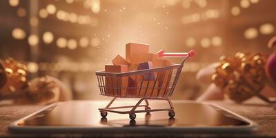 E-Commerce Shopping Cart with Multiple Products. A Sunlit Abstract Background. E-commerce concept. AI Generative photo