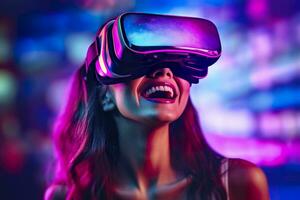 portrait of a smiling woman in casual clothes wearing Virtual Reality glasses, and playing, neo light, blurred neo color background, AI Generative photo