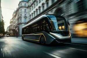 eléctrico autobús a ciudad calle. moderno público transporte. generativo ai foto