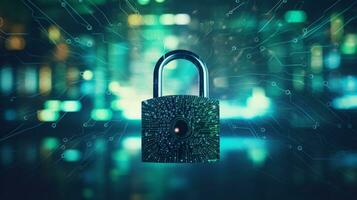 tech background with padlock on circuit modern safety cybersecurity concept ai generative photo