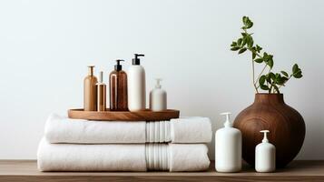 Towels with shampoo, conditioner, shower milk and handmade soap on neutral background. Spa concept AI Generative photo