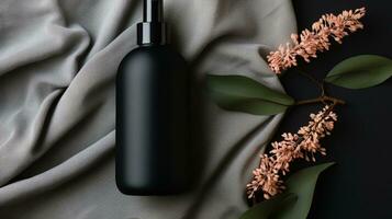 black skin care bottle product and flower on neutral background AI Generative photo