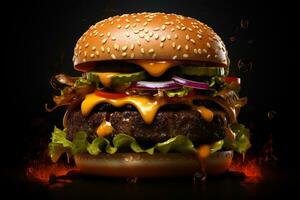 Double hamburger isolated on Black background ai generative photo