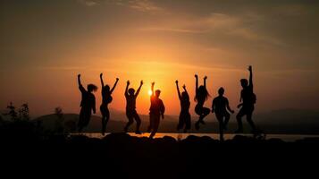 a silhouette of group people have fun at the top of the mountain near the tent during the sunset AI Generative photo