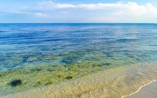 Stones rocks corals turquoise green blue water on beach Mexico. photo