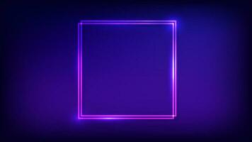 Neon double square frame with shining effects on dark background. Empty glowing techno backdrop. Vector illustration.