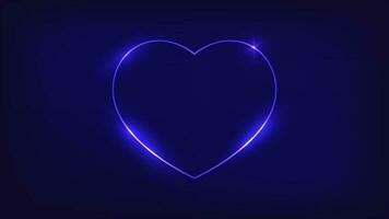 Neon frame in heart form with shining effects on dark background. Empty glowing techno backdrop. Vector illustration.