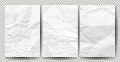 Set of white clean crumpled papers on transparent background. Crumpled empty sheets of paper with shadow for posters and banners. Vector illustration