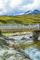 Wooden bridge over river in mountains Rondane National Park Norway. photo