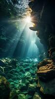 Dramatic underwater cave with beams of sunlight shining photo