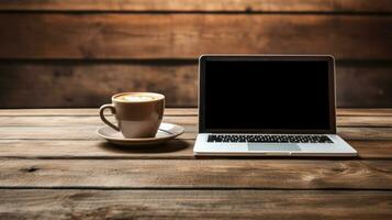 Coffee and laptop on a wooden table photo